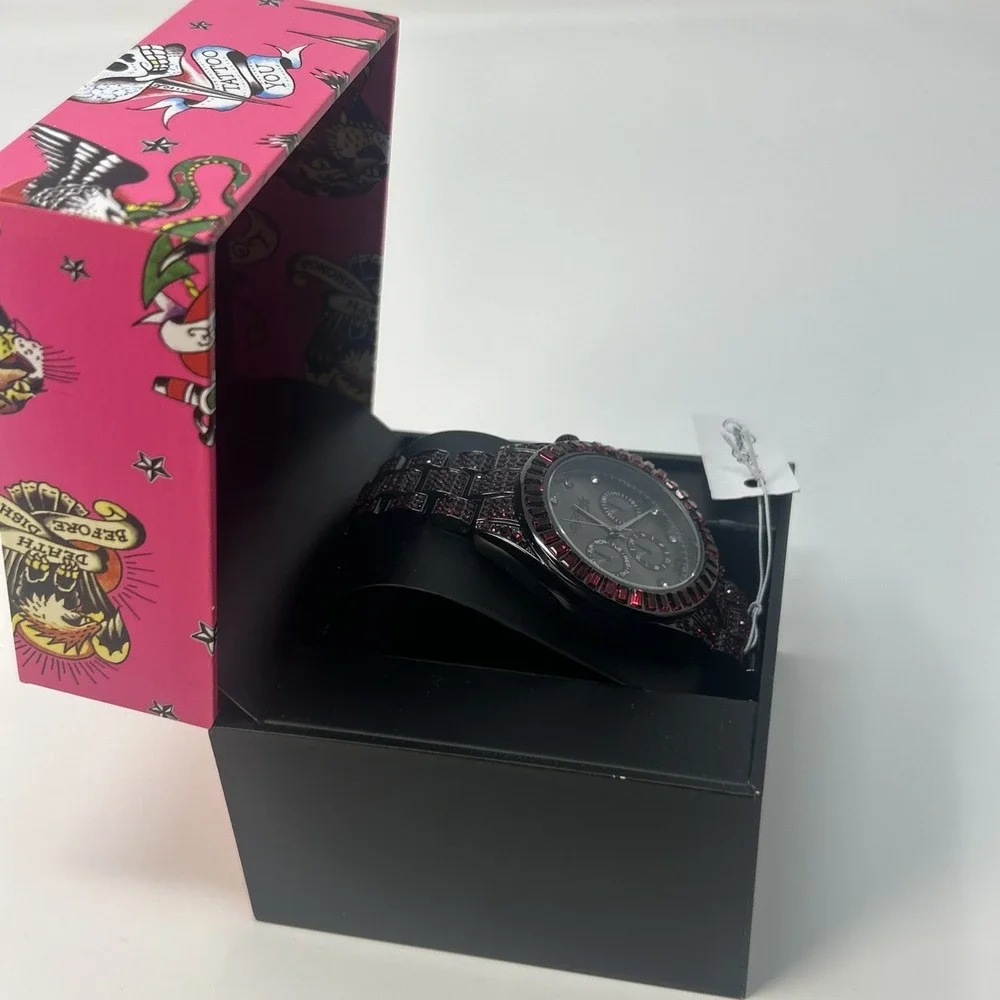 NIB Ed Hardy Red Crystal Iced Out Women's Watch Multi-Subdial Face ($85 Retail)